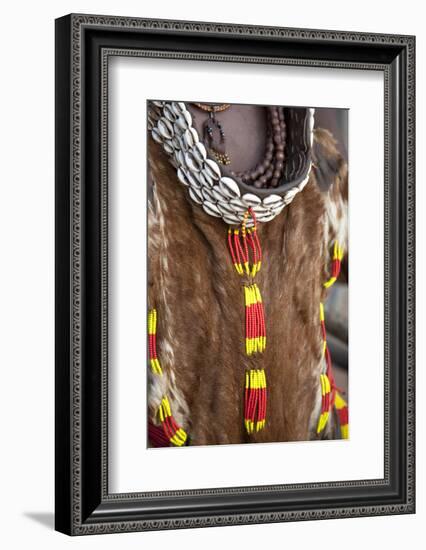 Africa, Ethiopia, South Omo, Hamer tribe. Beadwork on a goatskin cape worn by a Hamer woman.-Ellen Goff-Framed Photographic Print