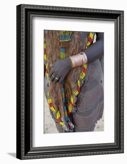 Africa, Ethiopia, South Omo, Hamer tribe. Hamer woman dressed in beaded goatskin.-Ellen Goff-Framed Photographic Print