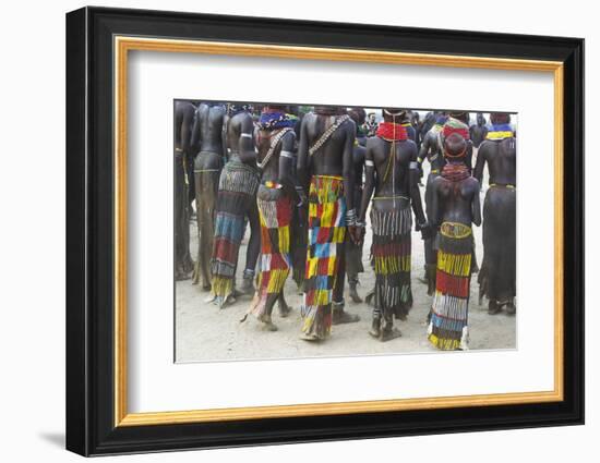 Africa, Ethiopia, Southern Omo Valley. Nyangatom women wear long leather skirts with beadwork.-Ellen Goff-Framed Photographic Print