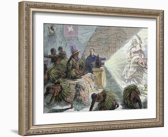 Africa, European Settler Instructing Natives by a Projection with the Unit, 'Magic Lantern' (1879)-Prisma Archivo-Framed Photographic Print