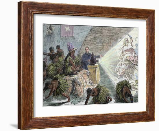 Africa, European Settler Instructing Natives by a Projection with the Unit, 'Magic Lantern' (1879)-Prisma Archivo-Framed Photographic Print