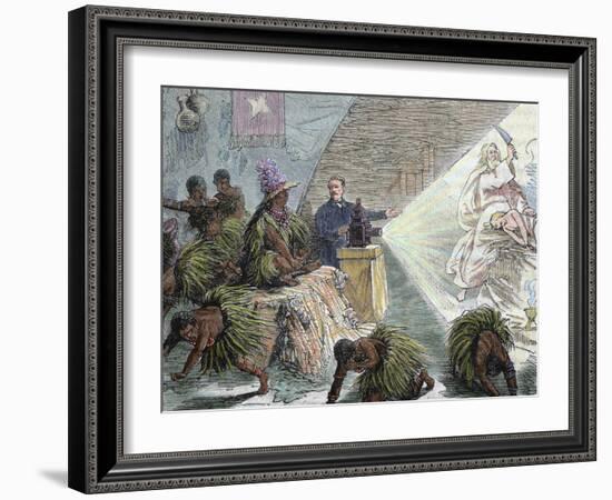 Africa, European Settler Instructing Natives by a Projection with the Unit, 'Magic Lantern' (1879)-Prisma Archivo-Framed Photographic Print