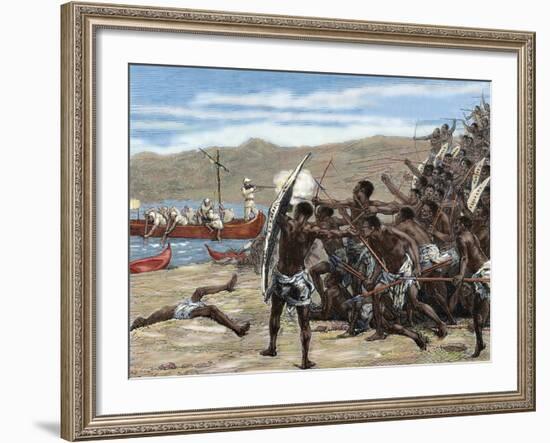 Africa. Explorers Confronting with Natives of Bumbireh Island. Engraving. Colored.-Tarker-Framed Photographic Print