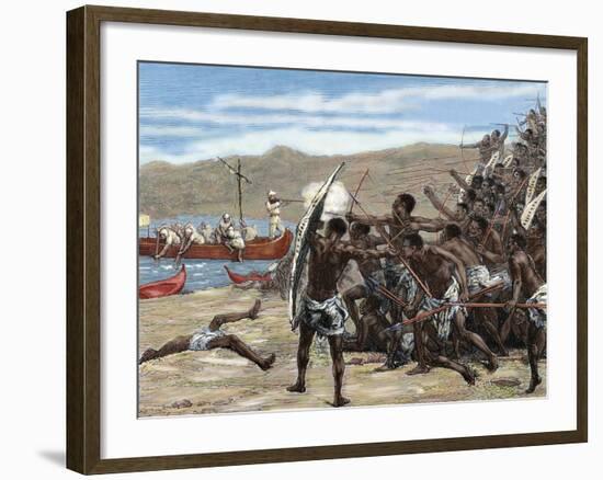 Africa. Explorers Confronting with Natives of Bumbireh Island. Engraving. Colored.-Tarker-Framed Photographic Print