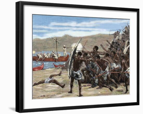 Africa. Explorers Confronting with Natives of Bumbireh Island. Engraving. Colored.-Tarker-Framed Photographic Print