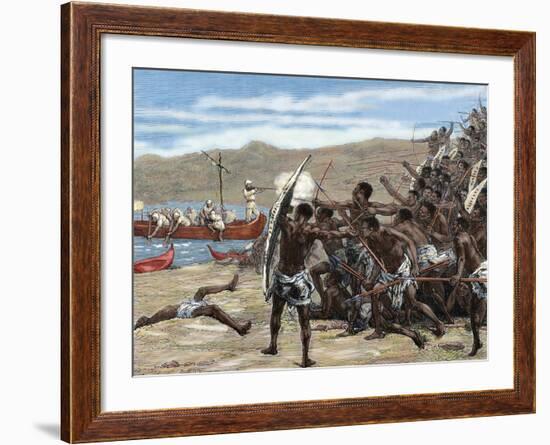 Africa. Explorers Confronting with Natives of Bumbireh Island. Engraving. Colored.-Tarker-Framed Photographic Print