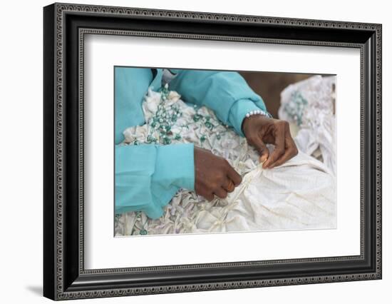 Africa, Gambia, Banjul. Close-up of Woman tying fabric for dyeing.-Alida Latham-Framed Photographic Print