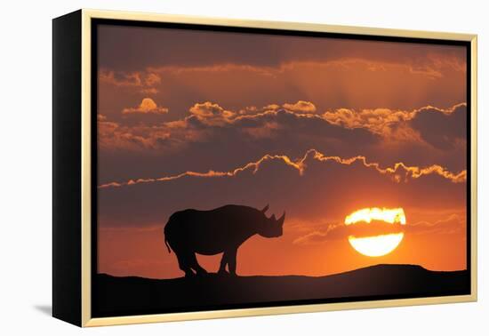 Africa, Kenya, Masai Mara Game Reserve. Composite of White Rhino Silhouette and Sunset-Jaynes Gallery-Framed Premier Image Canvas