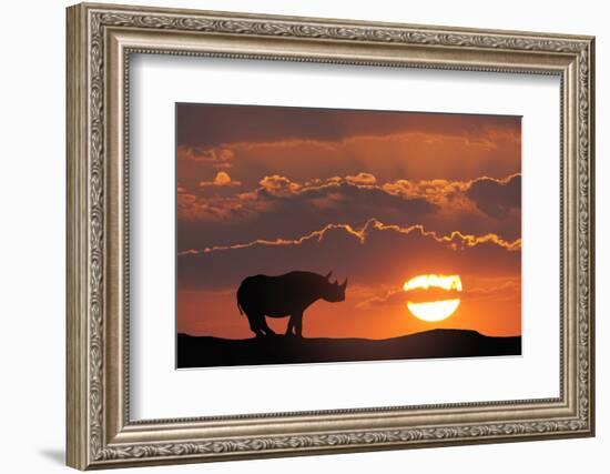 Africa, Kenya, Masai Mara Game Reserve. Composite of White Rhino Silhouette and Sunset-Jaynes Gallery-Framed Photographic Print