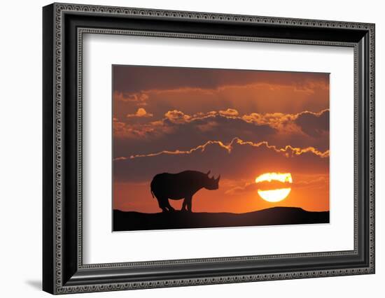 Africa, Kenya, Masai Mara Game Reserve. Composite of White Rhino Silhouette and Sunset-Jaynes Gallery-Framed Photographic Print