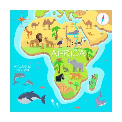 Africa Mainland Cartoon Map With Local Fauna Cute African Animals Flat Vector Savannah Predator Art Print By Robuart Artcom