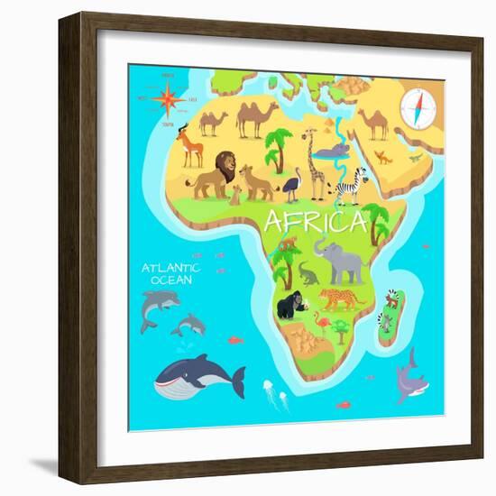 Africa Mainland Cartoon Map with Local Fauna. Cute African Animals Flat Vector. Savannah Predator.-robuart-Framed Art Print