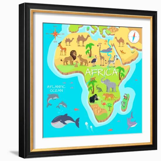 Africa Mainland Cartoon Map with Local Fauna. Cute African Animals Flat Vector. Savannah Predator.-robuart-Framed Art Print