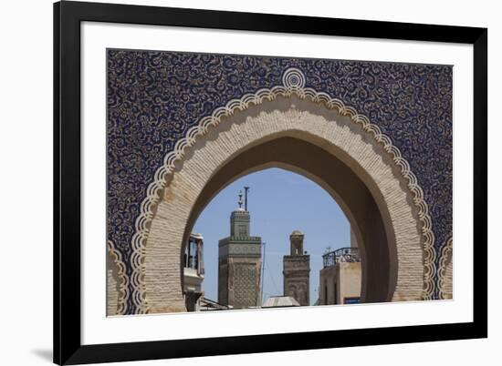 Africa, Morocco, Fes. an Arch with Classic Moorish Decor Frames Two Minarets-Brenda Tharp-Framed Photographic Print