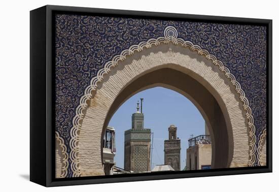 Africa, Morocco, Fes. an Arch with Classic Moorish Decor Frames Two Minarets-Brenda Tharp-Framed Premier Image Canvas