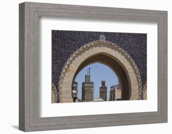 Africa, Morocco, Fes. an Arch with Classic Moorish Decor Frames Two Minarets-Brenda Tharp-Framed Photographic Print