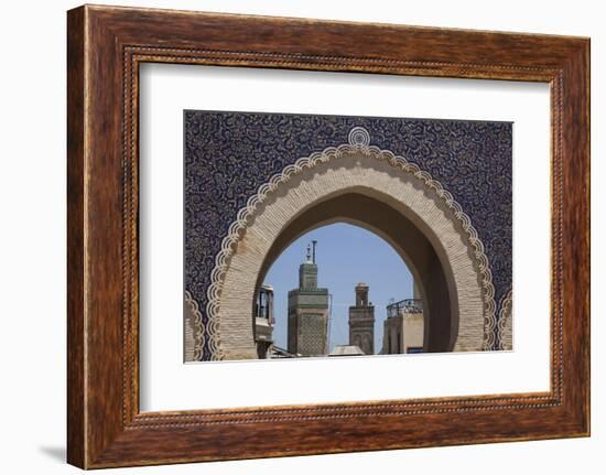 Africa, Morocco, Fes. an Arch with Classic Moorish Decor Frames Two Minarets-Brenda Tharp-Framed Photographic Print