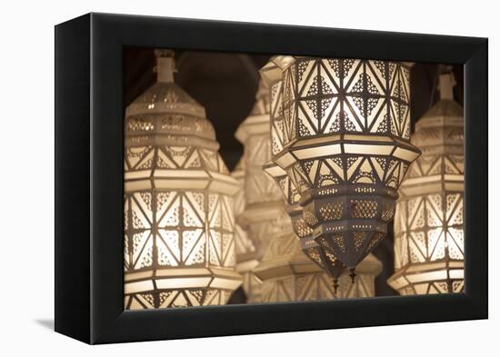 Africa, Morocco, Marrakesh. Close-Up of Ornate Metal Lanterns-Alida Latham-Framed Premier Image Canvas