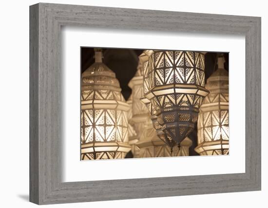 Africa, Morocco, Marrakesh. Close-Up of Ornate Metal Lanterns-Alida Latham-Framed Photographic Print