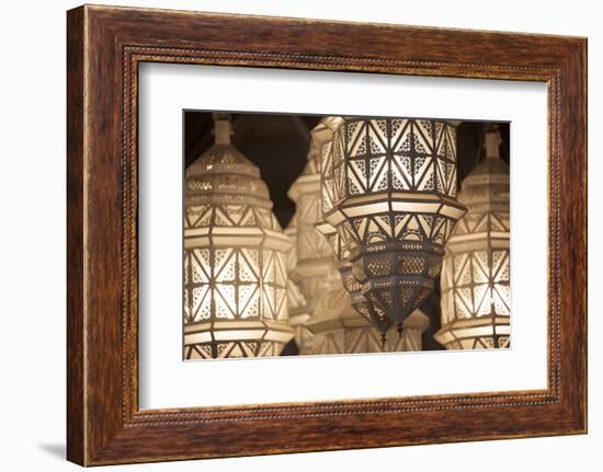 Africa, Morocco, Marrakesh. Close-Up of Ornate Metal Lanterns-Alida Latham-Framed Photographic Print