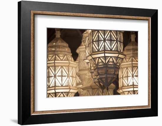 Africa, Morocco, Marrakesh. Close-Up of Ornate Metal Lanterns-Alida Latham-Framed Photographic Print