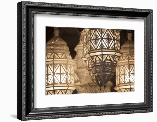 Africa, Morocco, Marrakesh. Close-Up of Ornate Metal Lanterns-Alida Latham-Framed Photographic Print