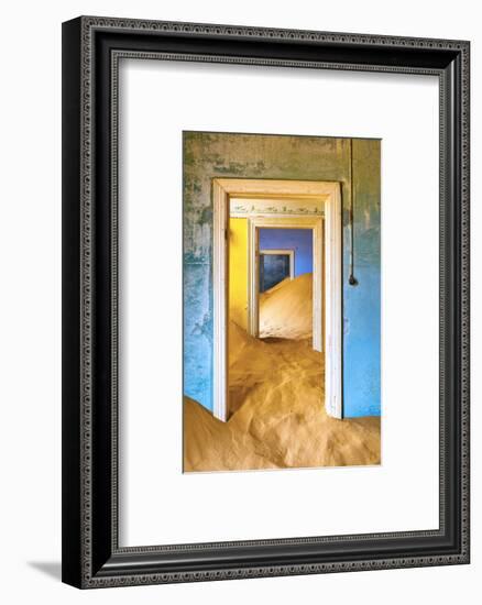 Africa, Namibia, Kolmanskop. Doorways and drifting sand in an abandoned diamond mining town.-Jaynes Gallery-Framed Photographic Print