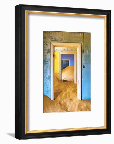 Africa, Namibia, Kolmanskop. Doorways and drifting sand in an abandoned diamond mining town.-Jaynes Gallery-Framed Photographic Print