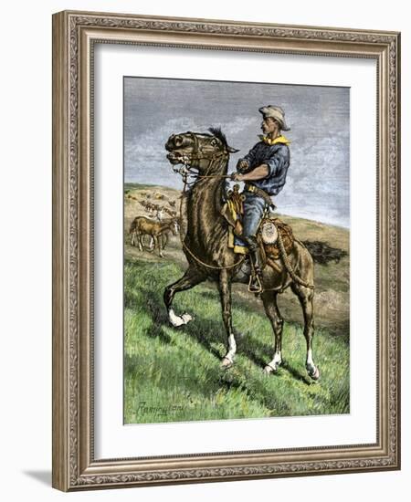 African-American Buffalo Soldier Riding a Frisky Horse Fresh from the Herd, 1880s-null-Framed Giclee Print