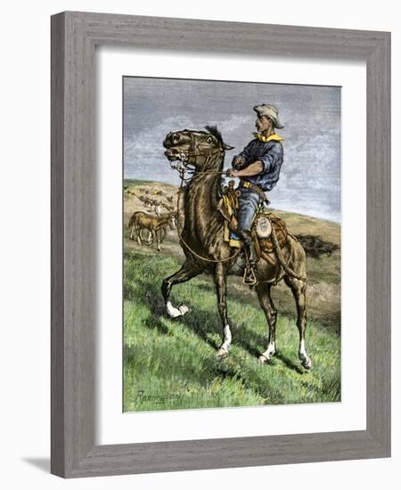 African-American Buffalo Soldier Riding a Frisky Horse Fresh from the Herd, 1880s-null-Framed Giclee Print