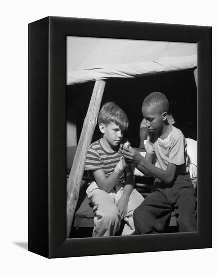 African American Camper Helps a White Bubby with His Bandaged Hand-Gordon Parks-Framed Stretched Canvas