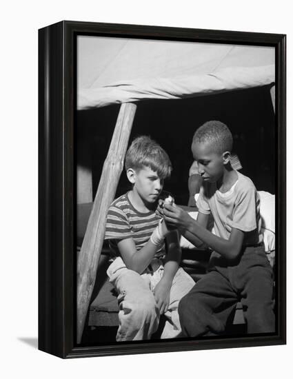 African American Camper Helps a White Bubby with His Bandaged Hand-Gordon Parks-Framed Stretched Canvas