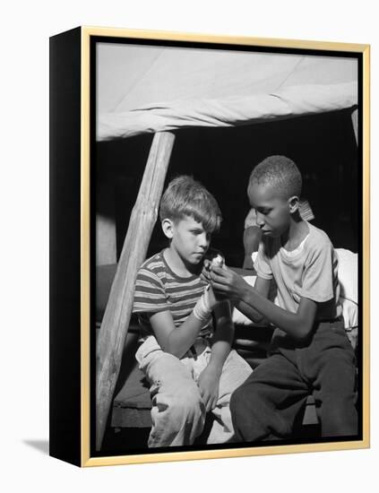 African American Camper Helps a White Bubby with His Bandaged Hand-Gordon Parks-Framed Stretched Canvas