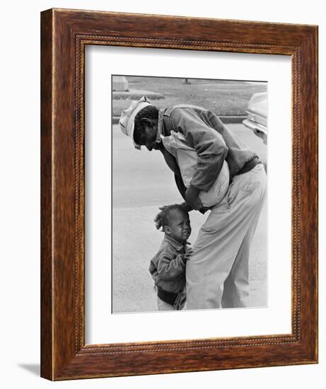 African American Man Comforts Crying Child Photograph-Lantern Press-Framed Art Print