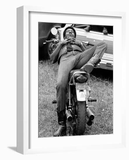 African American Man Relaxing on His Motocycle During Motorcycle Races near Detroit, Michigan-John Shearer-Framed Photographic Print