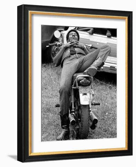 African American Man Relaxing on His Motocycle During Motorcycle Races near Detroit, Michigan-John Shearer-Framed Photographic Print