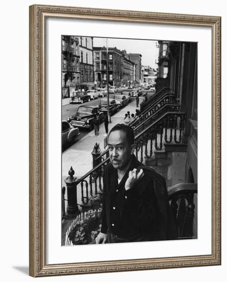 African American Poet/Writer Langston Hughes Standing on the Stoop in Front of His House in Harlem-Robert W^ Kelley-Framed Premium Photographic Print