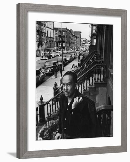 African American Poet/Writer Langston Hughes Standing on the Stoop in Front of His House in Harlem-Robert W^ Kelley-Framed Premium Photographic Print