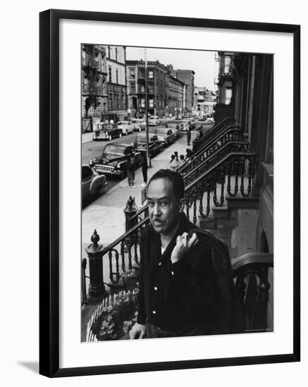 African American Poet/Writer Langston Hughes Standing on the Stoop in Front of His House in Harlem-Robert W^ Kelley-Framed Premium Photographic Print