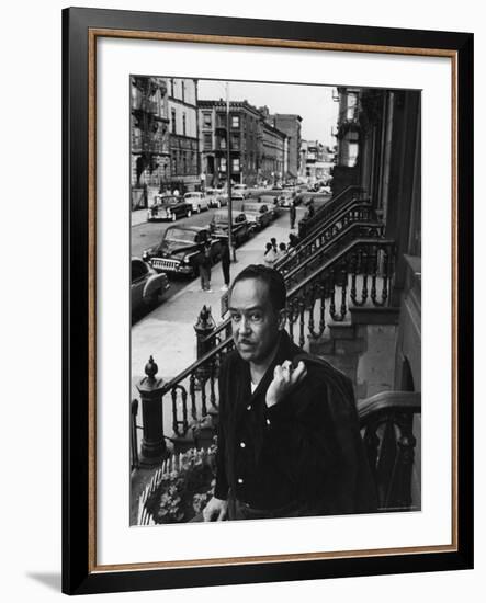 African American Poet/Writer Langston Hughes Standing on the Stoop in Front of His House in Harlem-Robert W^ Kelley-Framed Premium Photographic Print