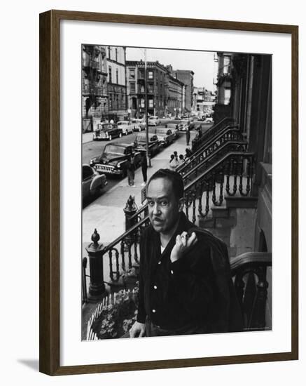 African American Poet/Writer Langston Hughes Standing on the Stoop in Front of His House in Harlem-Robert W^ Kelley-Framed Premium Photographic Print