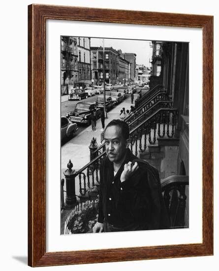 African American Poet/Writer Langston Hughes Standing on the Stoop in Front of His House in Harlem-Robert W^ Kelley-Framed Premium Photographic Print