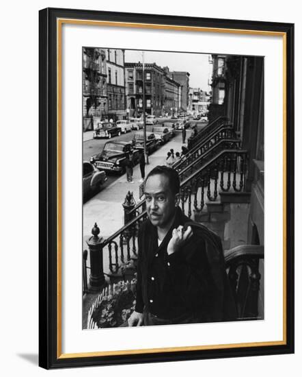 African American Poet/Writer Langston Hughes Standing on the Stoop in Front of His House in Harlem-Robert W^ Kelley-Framed Premium Photographic Print