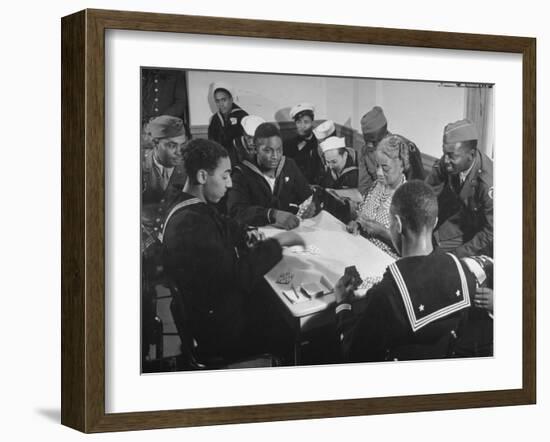 African American Soldiers and Sailors Playing Cards at the USO Recreation Center-null-Framed Photographic Print