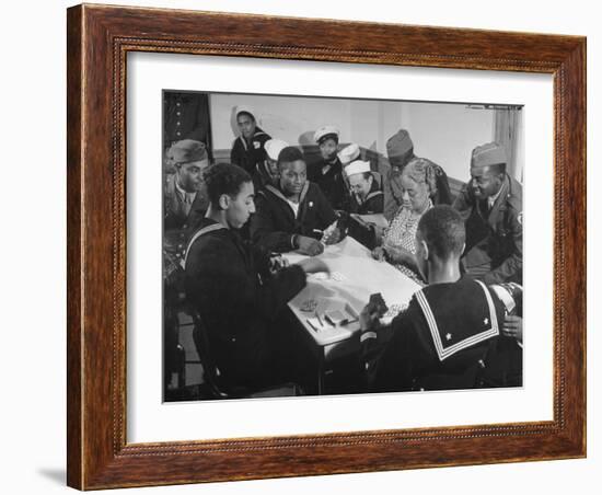 African American Soldiers and Sailors Playing Cards at the USO Recreation Center-null-Framed Photographic Print