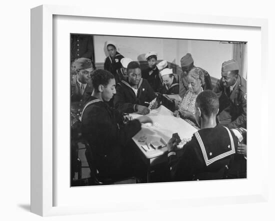 African American Soldiers and Sailors Playing Cards at the USO Recreation Center-null-Framed Photographic Print