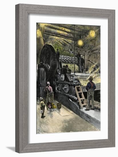 African-American Workers Operating a Cane-Crushing Machine in a Sugar House at Bayou Teche, c.1900-null-Framed Giclee Print