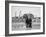 African Elephant, Warning Posture Display at Waterhole with Giraffe, Etosha National Park, Namibia-Tony Heald-Framed Photographic Print