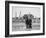 African Elephant, Warning Posture Display at Waterhole with Giraffe, Etosha National Park, Namibia-Tony Heald-Framed Photographic Print