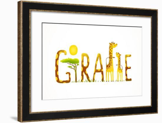 African Giraffe Animals Fun Lettering Landscape. Brightly Colored Childish Cartoon Sign. Vector Ill-Popmarleo-Framed Art Print